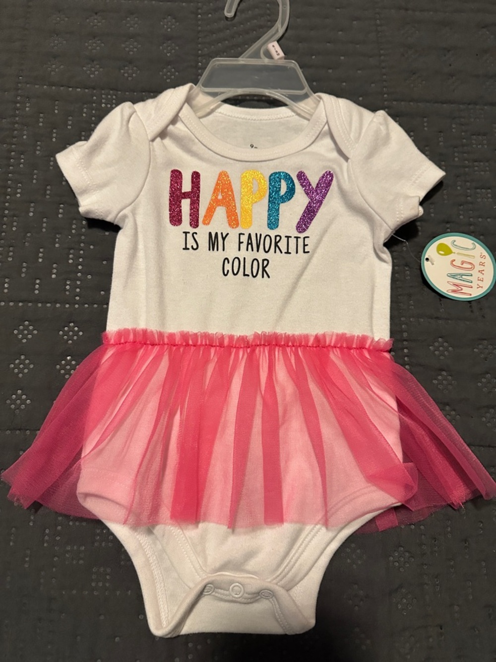 Happy Is My Favorite Color Baby Tutu Onesie - White with Pink Tulle 9 mos